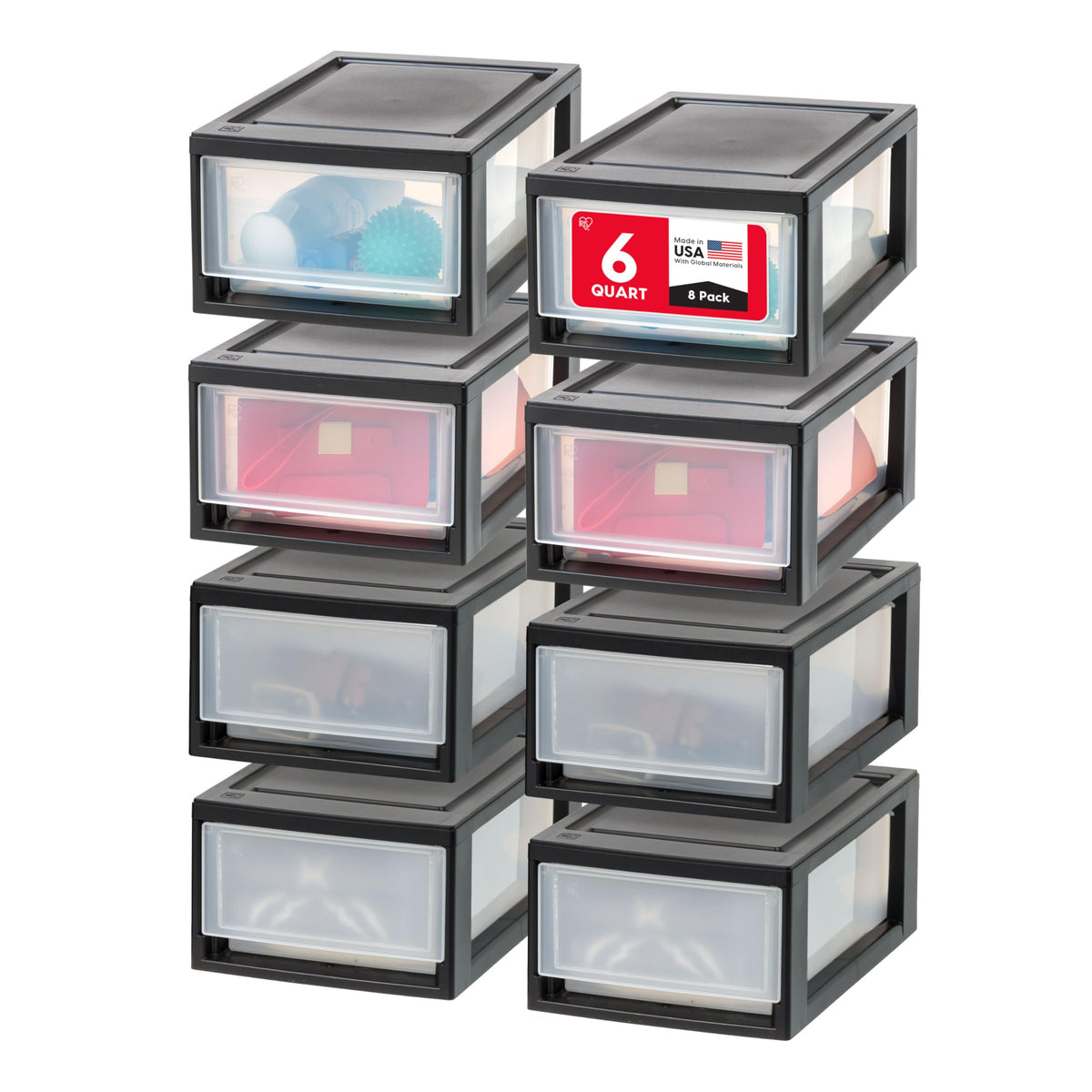 IRIS USA 8-Pack, 6 Qt. Small Stacking Drawer Storage Organizer, Black