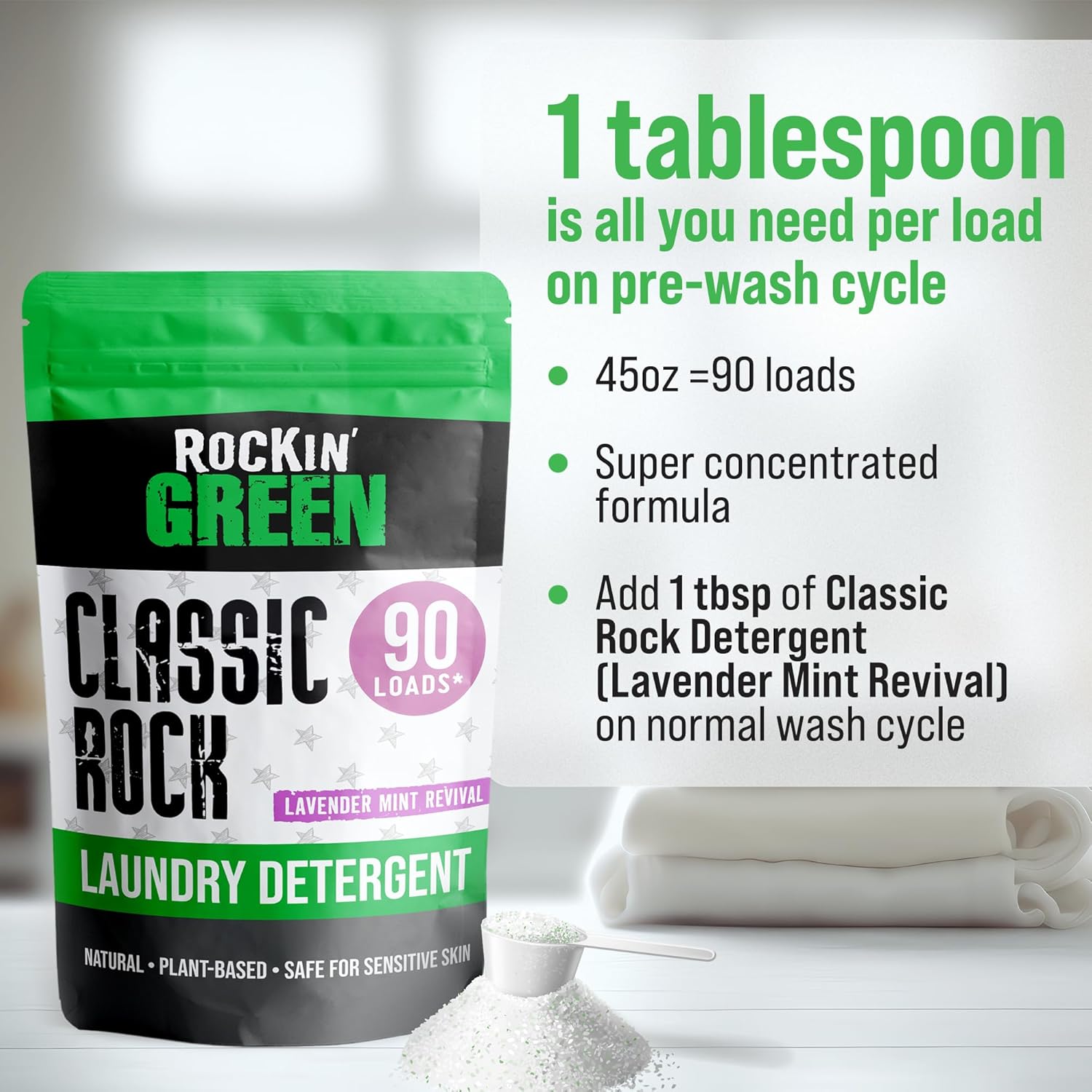 Rockin' Green Classic Rock Laundry Detergent Powder (90 Loads) - All Natural Laundry Detergent