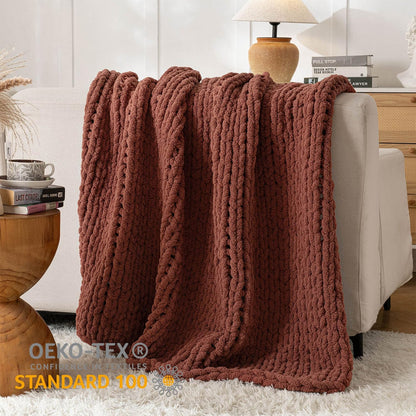 Chunky Knit Blanket Throw, 100% Hand Knit Throw Blanket Handmade Chenille Cable Knit Throw for