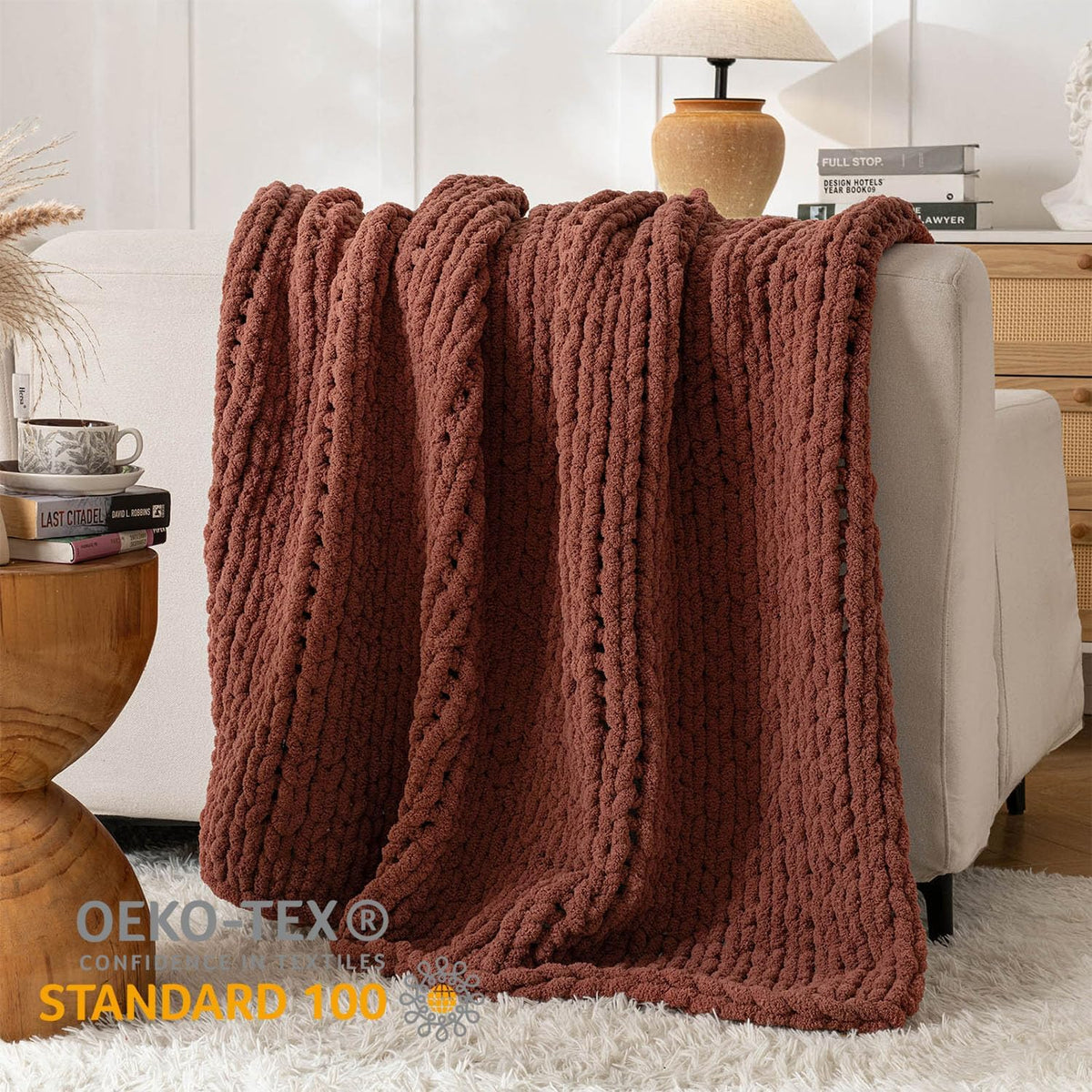 Chunky Knit Blanket Throw, 100% Hand Knit Throw Blanket Handmade Chenille Cable Knit Throw for