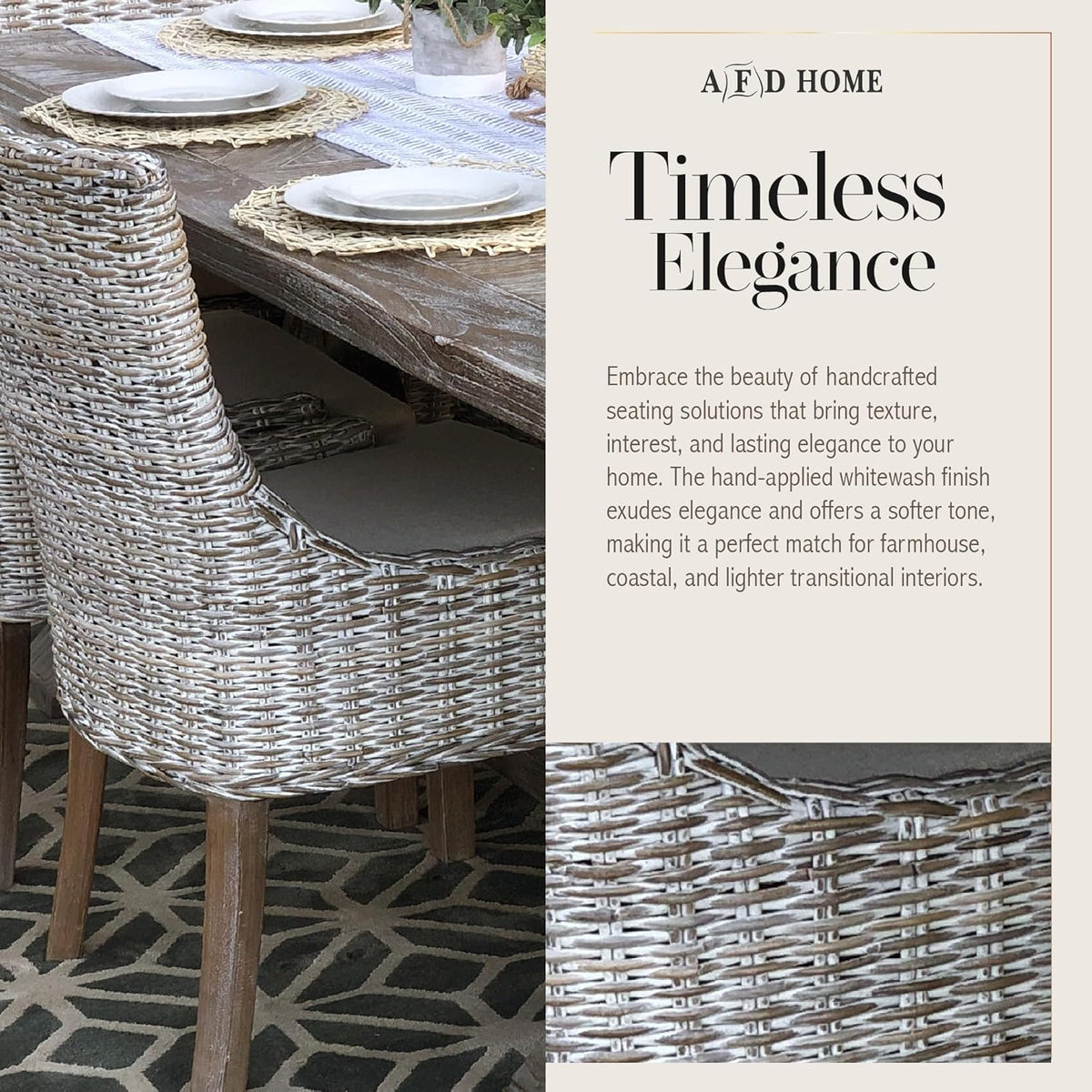 Alfresco Kuba-Weave Wicker Dining Chair, Patio Seating, Savannah Wash, 21.5 Inches x 24 Inches x 36