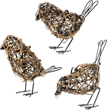 Natural Farmhouse Decor Set of 3 - Handwoven Rattan Bird Statue Table Decor, Multi-Pose Shelf &