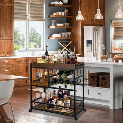 Bar Cart Industrial Kitchen Serving Carts for Home 3 Tier Storage Trolley with Wine Rack Glasses