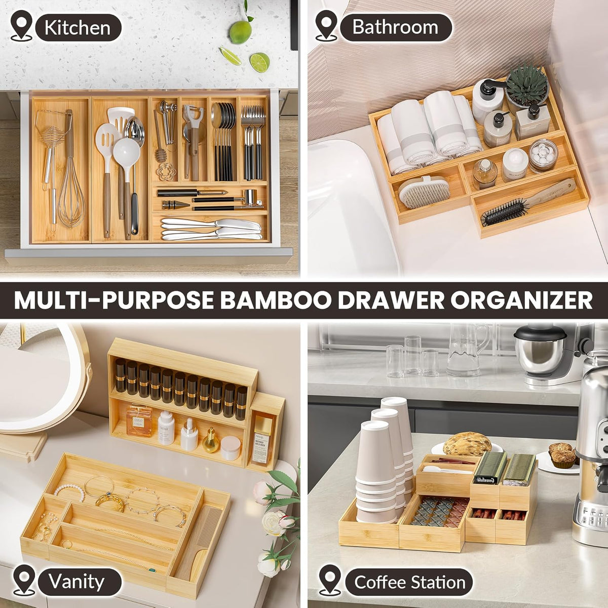 Kitchen Drawer Organizer Bins, Stackable Bamboo Drawer Organizer for Silverware, Flatware, Deep