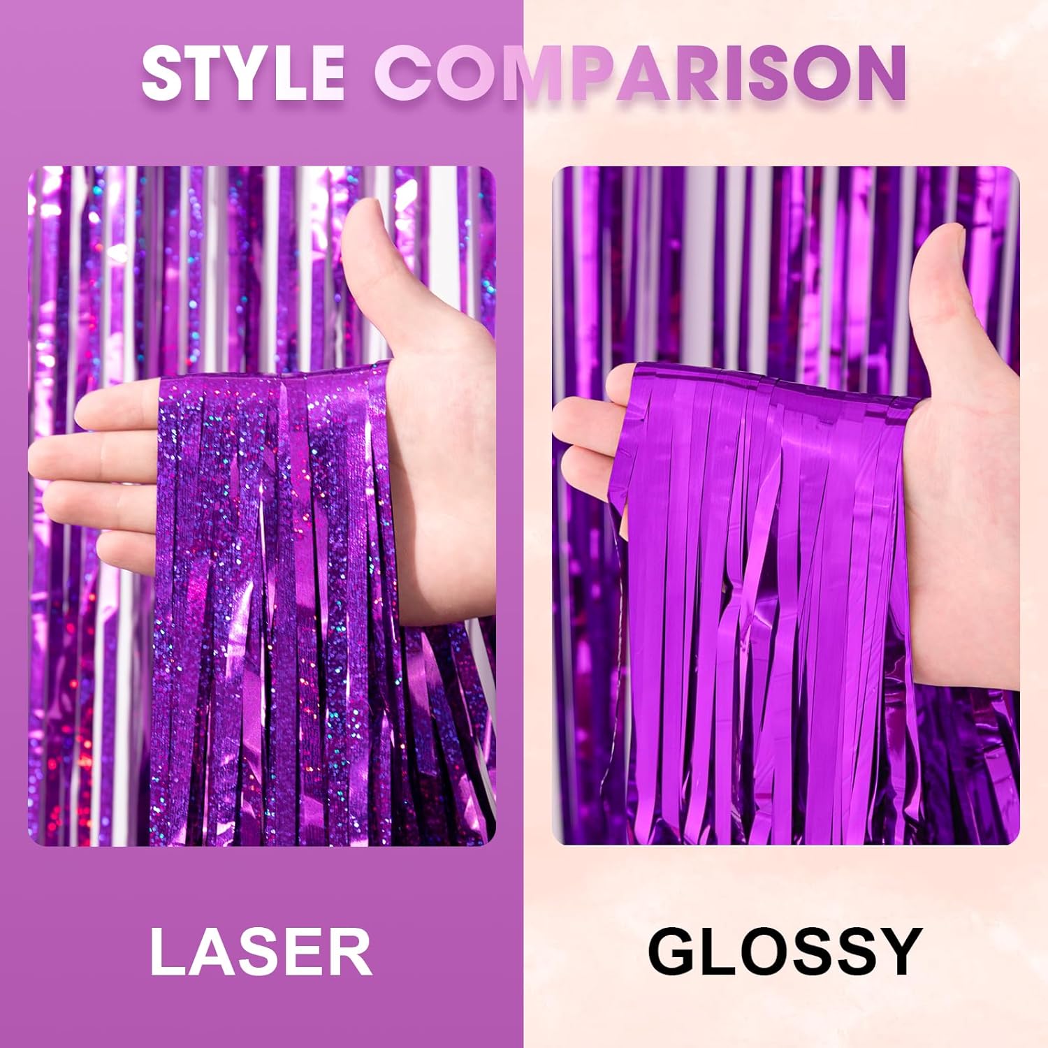 3 Pack 3.3 x 8.2 ft Laser Purple Foil Fringe Backdrop Curtains, Tinsel Streamers Birthday Party