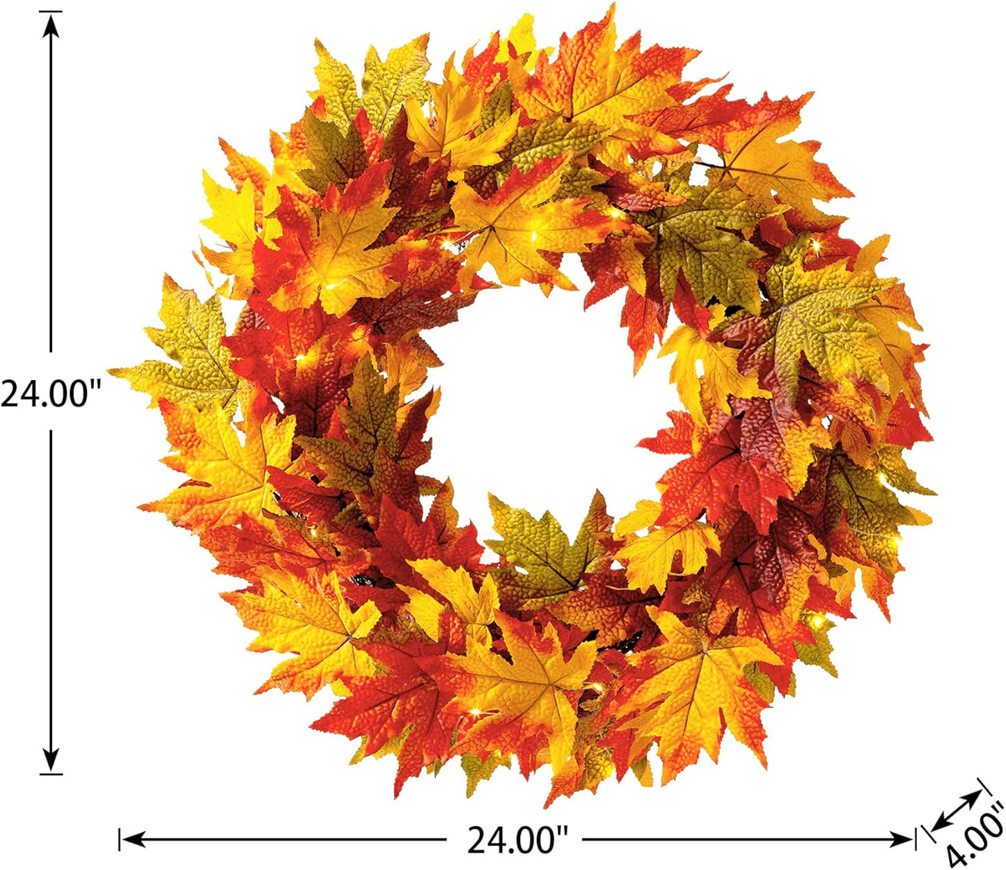 Glitzhome 24 Inch Pre-lit Fall Wreath, Autumn Wreath for Front Door, Lighted Maple Leaves Wreaths
