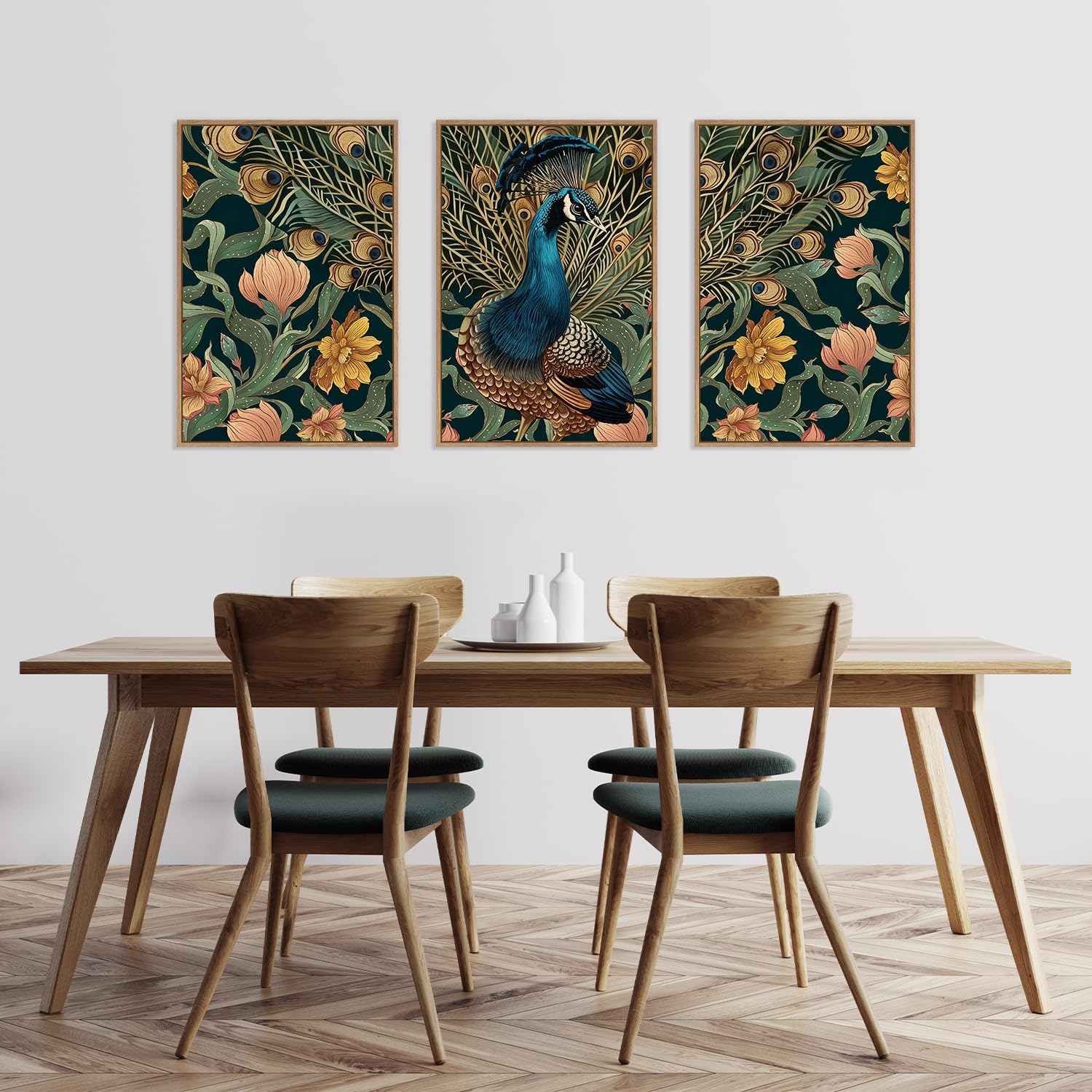 HLNIUC Peacock Framed Canvas Wall Art,Large Peacock Flower Wall Decor Set of 3(16”x24”)Modern