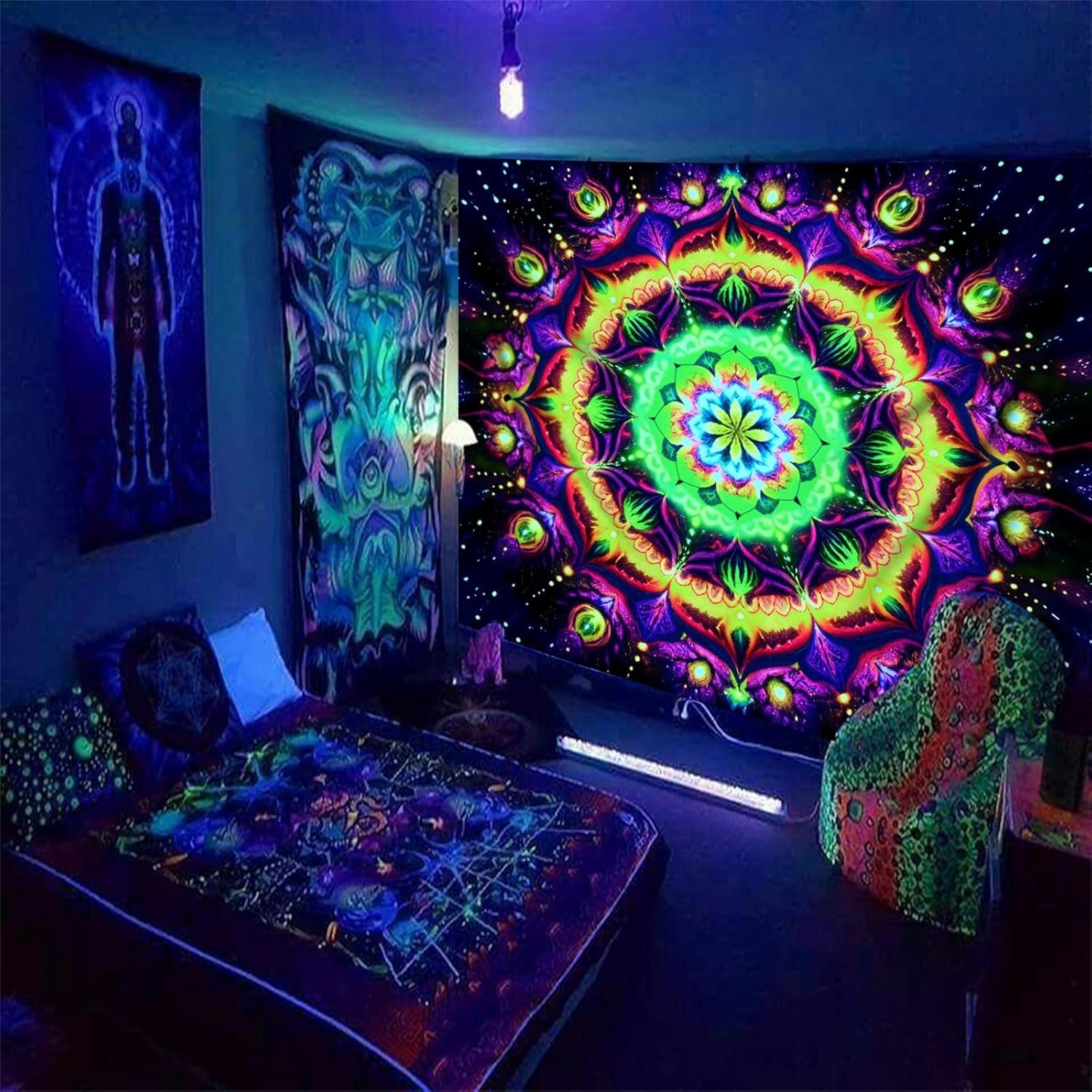 Blacklight Mandala Tapestry for Bedroom, Psychedelic Flower Black Light Posters for Adults and