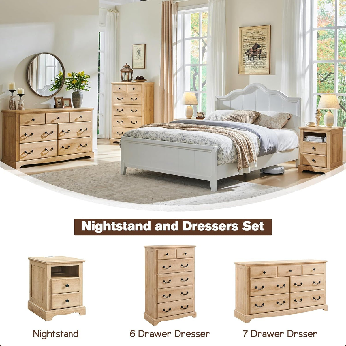 T4TREAM Nightstand with Charging Station, 18 Inch Vintage End Table with 2 Drawers, Wood Rustic