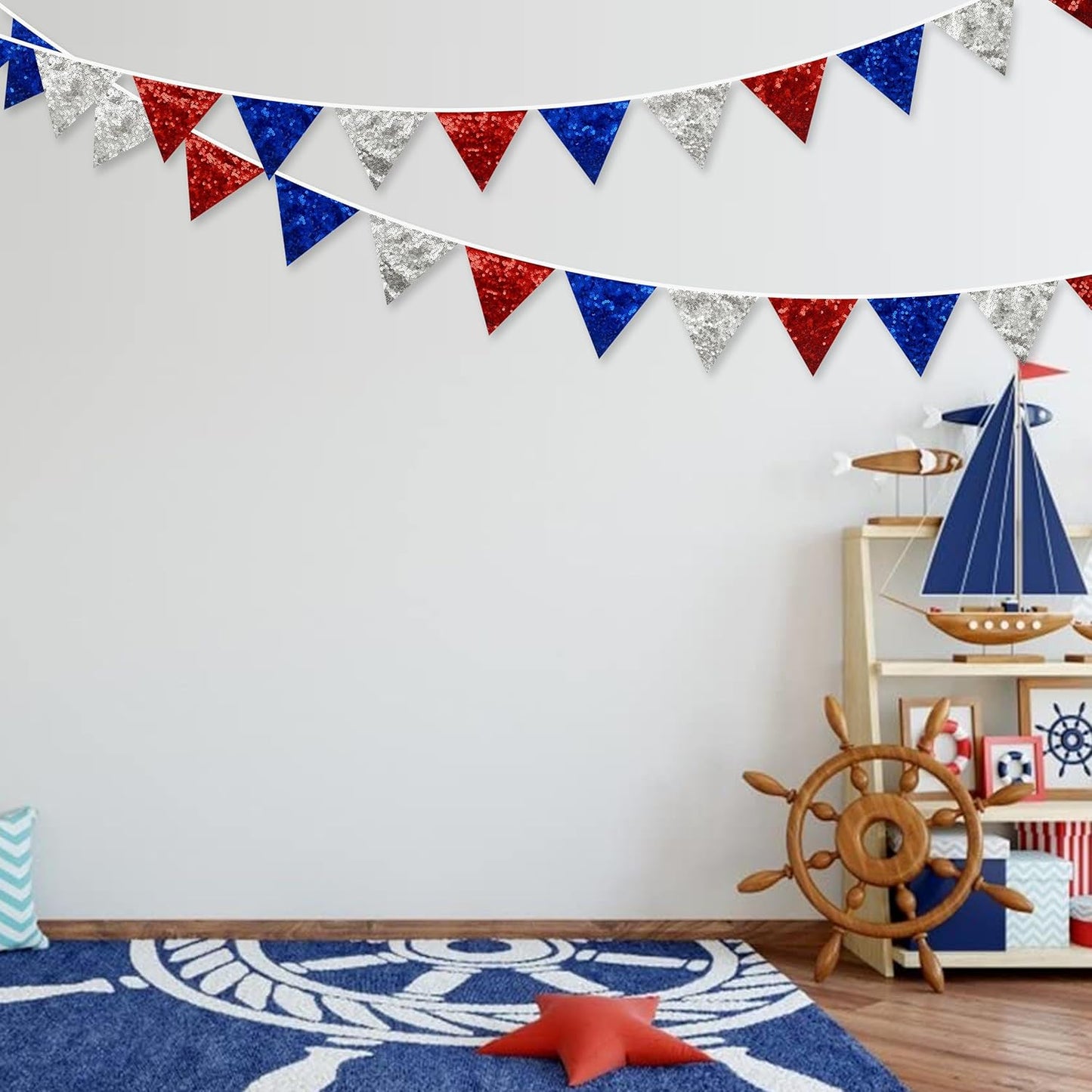 pinkblume Red Blue Silver Decorations Double Sided Sequin Fabric Triangle Pennant Banner Flag