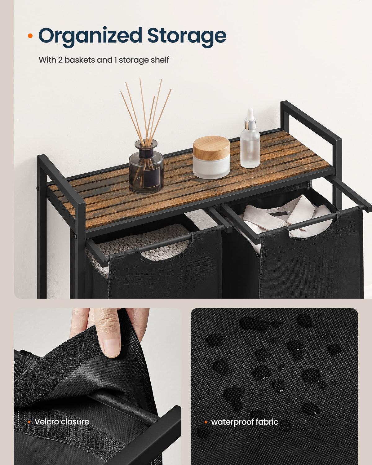 SONGMICS HOME Laundry Basket Sorter with Storage Shelf, Laundry Hamper with Metal Frame, 2 x 12.1