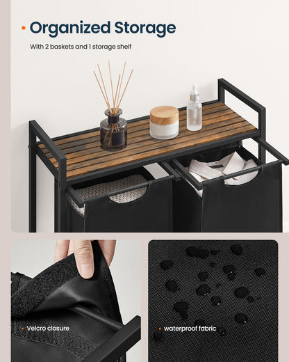 SONGMICS HOME Laundry Basket Sorter with Storage Shelf, Laundry Hamper with Metal Frame, 2 x 12.1