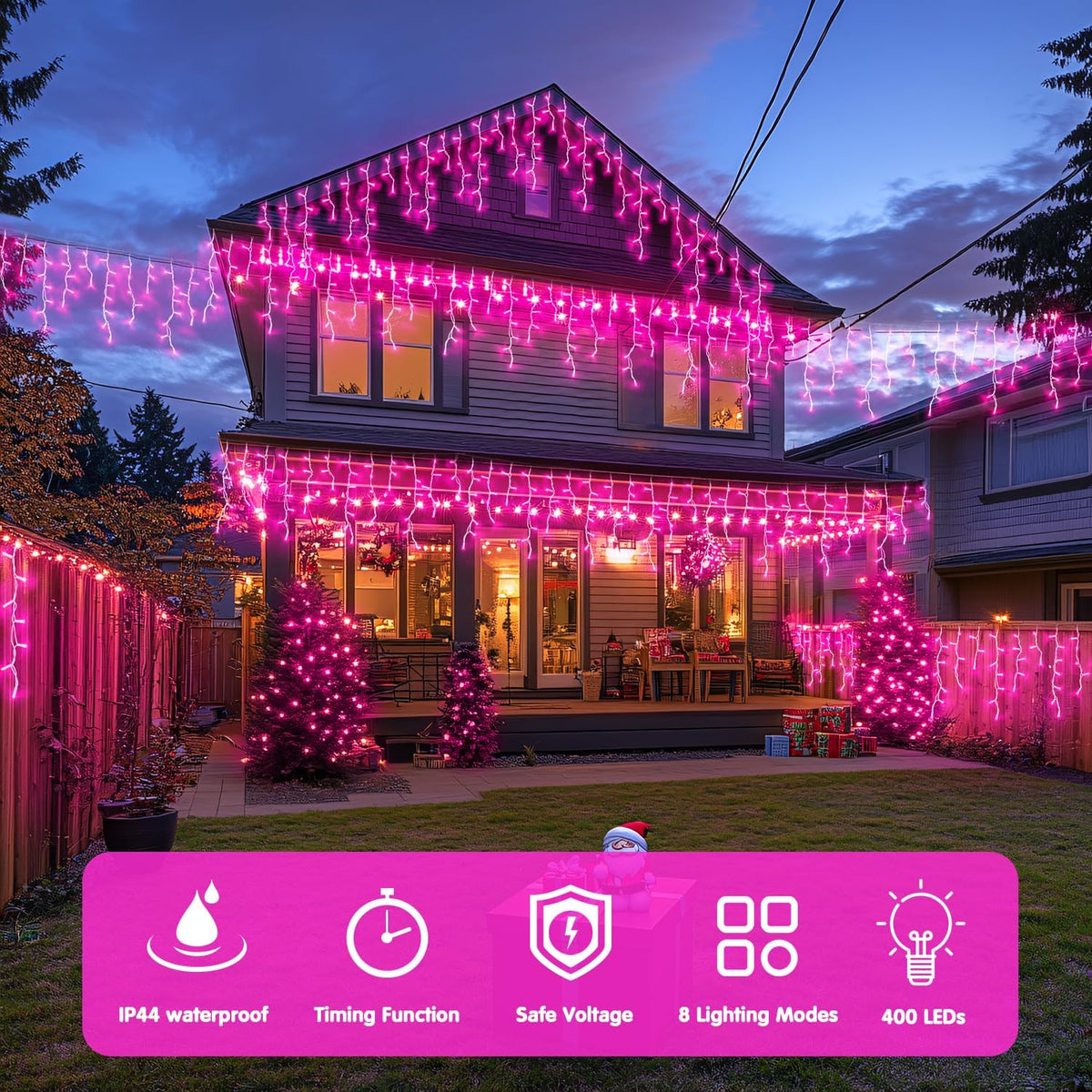 JMEXSUSS 400 LED Pink Christmas Icicle Lights, Connectable Pink Christmas Lights Indoor Outdoor