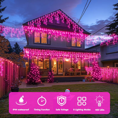 JMEXSUSS 400 LED Pink Christmas Icicle Lights, Connectable Pink Christmas Lights Indoor Outdoor