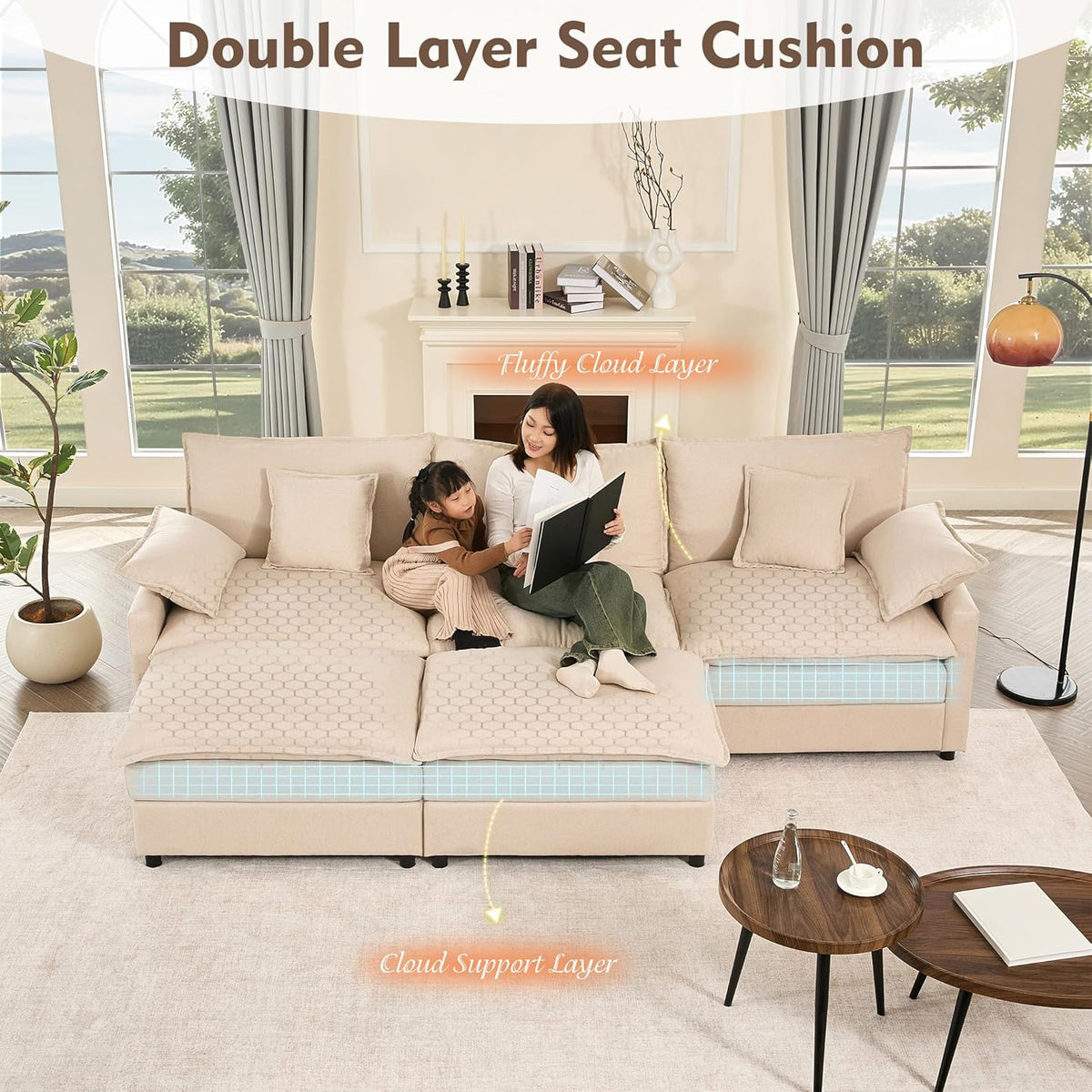 108" U Shaped Couch, Modular Sectional Sofa, 3-Seater Comfy Cloud Couch with Movable Ottoman, Deep