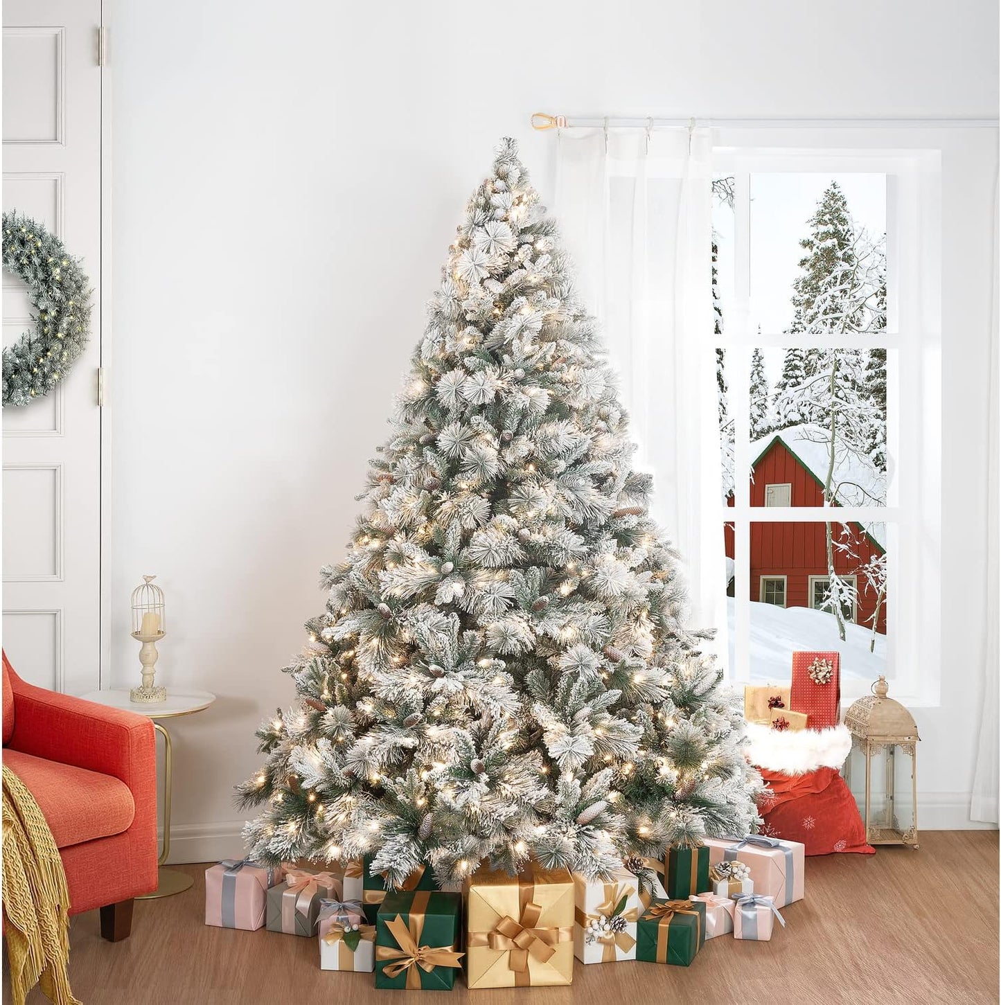 Glasgow 6.5ft Frosted Prelit Artificial Christmas Tree with Pine Cones, Foot Pedal, 1040 Branch