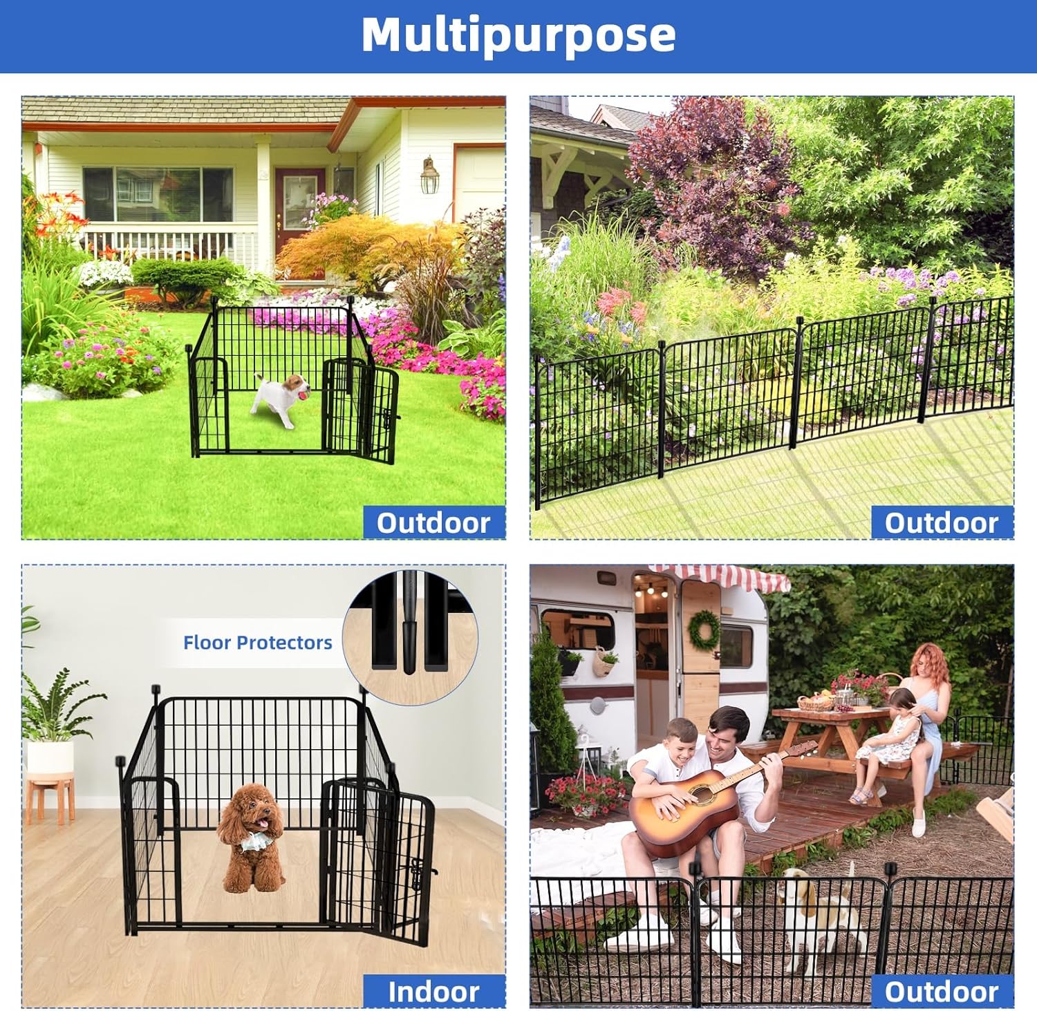 ADAVIN 24 in(H) Garden Fence with Gate, 4 Panels Total 9.8 Ft(L), Heavy Duty Iron Metal Animal