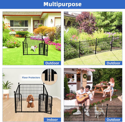 ADAVIN 24 in(H) Garden Fence with Gate, 4 Panels Total 9.8 Ft(L), Heavy Duty Iron Metal Animal