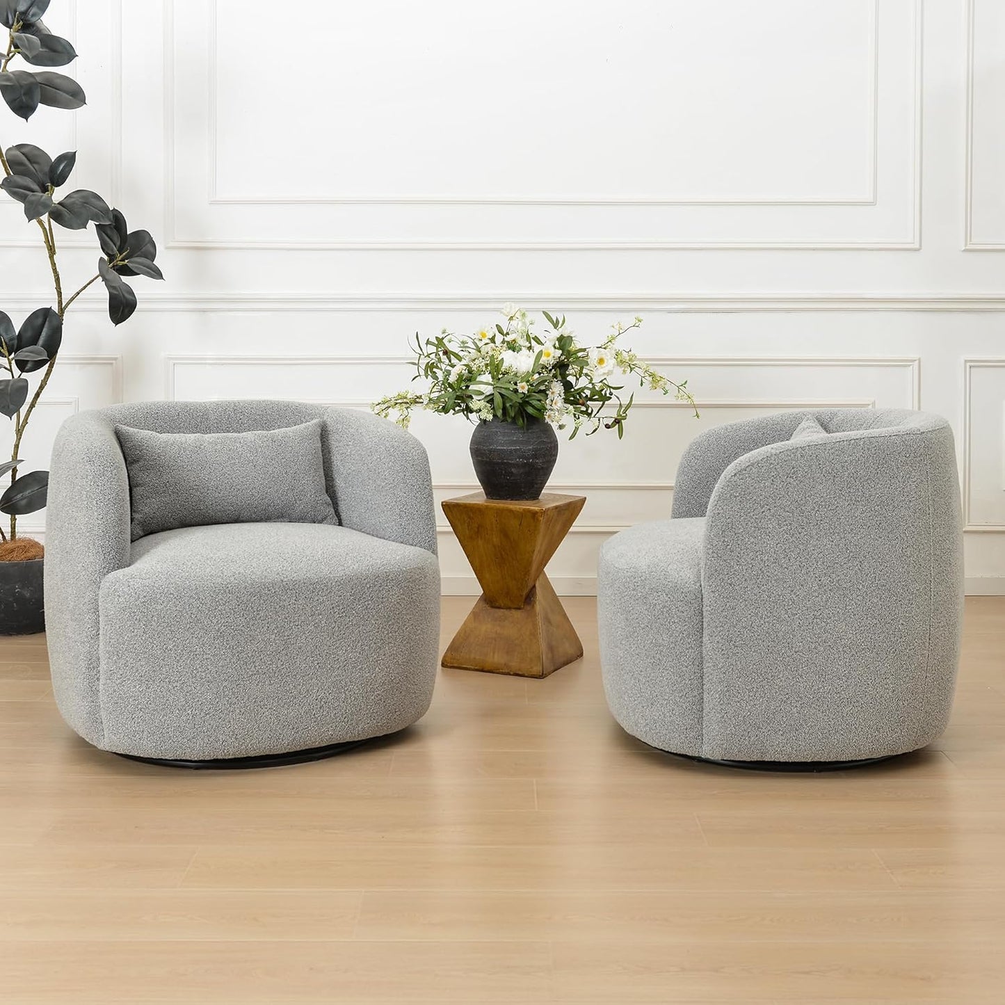 KINWELL 34" Wide Sherpa Swivel Barrel Chairs Set of 2, No Assembly Round Boucle Upholstered Accent