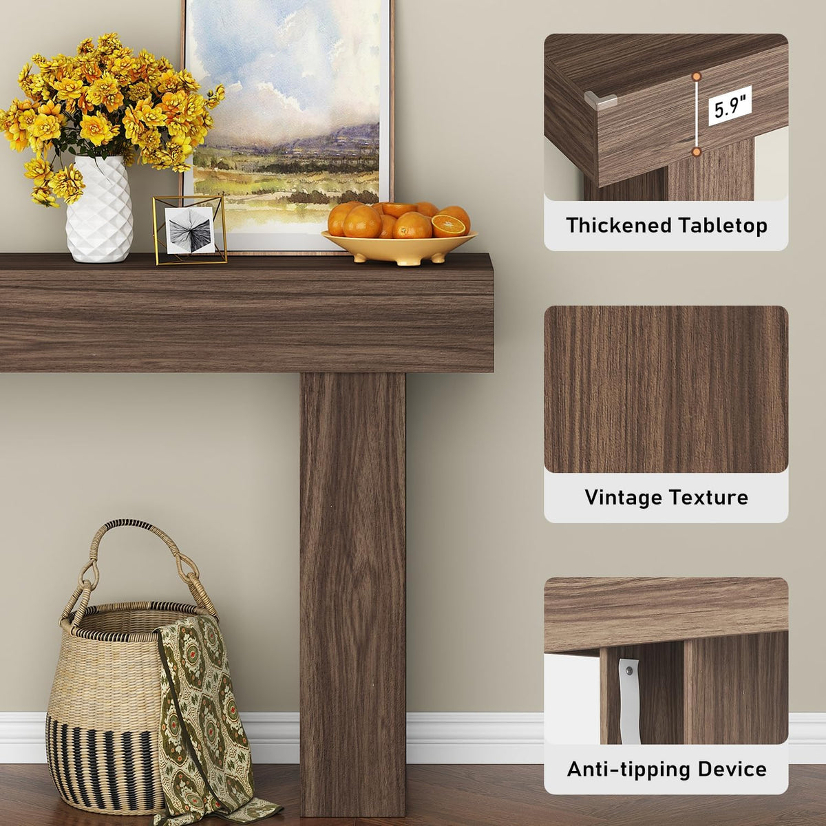 63 Inch Long Console Table for Entryway, Farmhouse Wood Rectangular Sofa Table Behind Couch Table