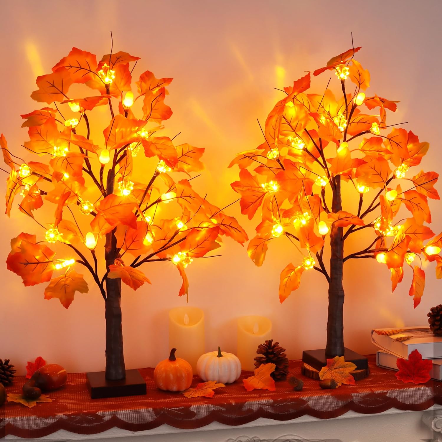2 Pack 24 Inch Prelit Fall Maple Tree Fall Decor with 48 LED Timer Battery Operated Artificial Fall