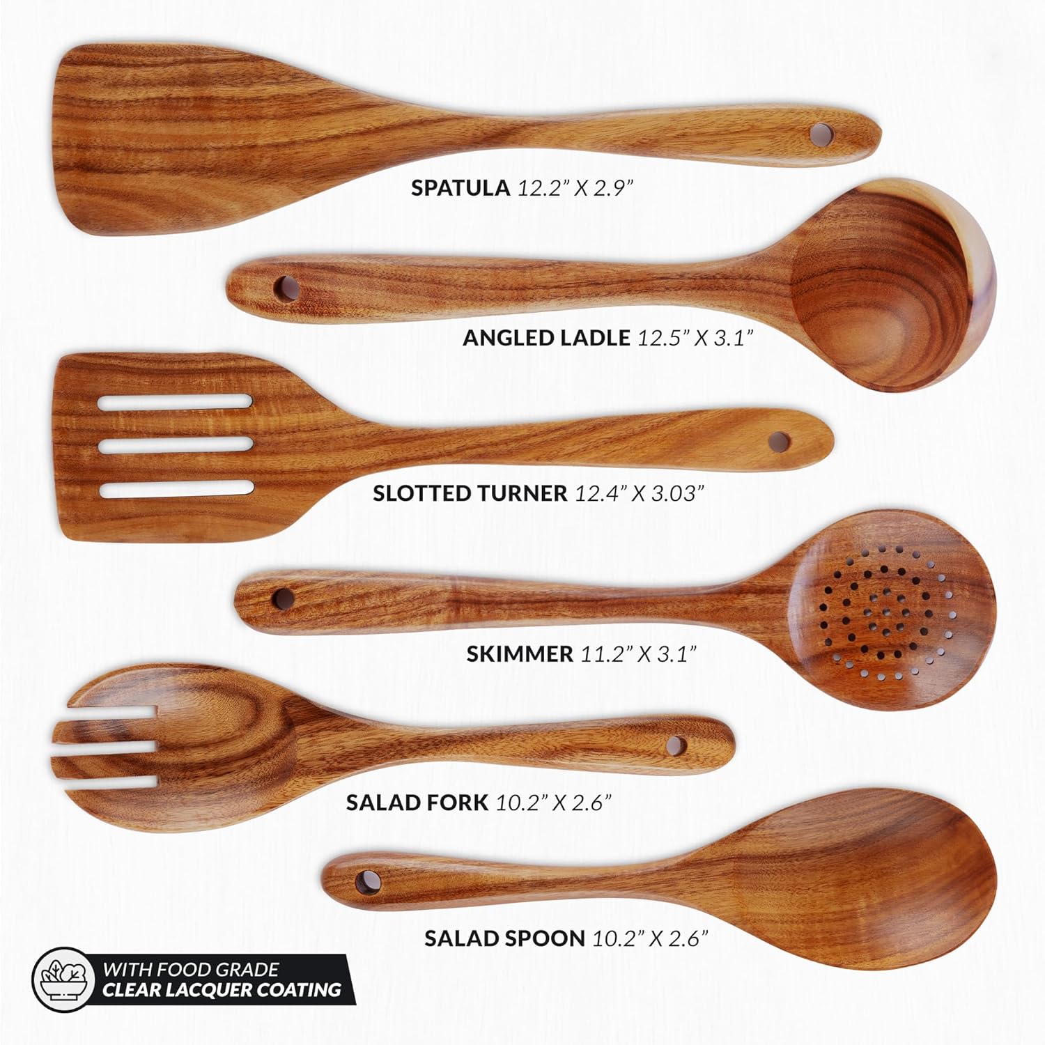 Zulay Kitchen Extra-Large 6-Piece Wooden Spoon Set - Smooth Teak Cooking Utensils - Comfort-Grip