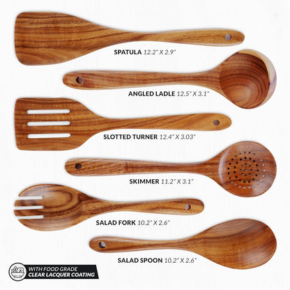 Zulay Kitchen Extra-Large 6-Piece Wooden Spoon Set - Smooth Teak Cooking Utensils - Comfort-Grip