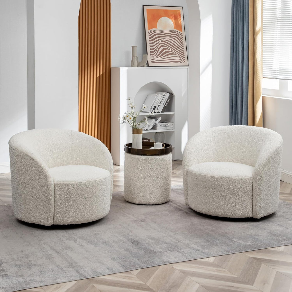 KINWELL 34" W Swivel Barrel Chair Set of 2, Mid Century Modern Round Upholstered Boucle Swivel