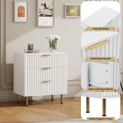 White 3 Drawer Dresser for Bedroom, Fluted Modern Nightstand with Deep Drawers, Chest of Drawers
