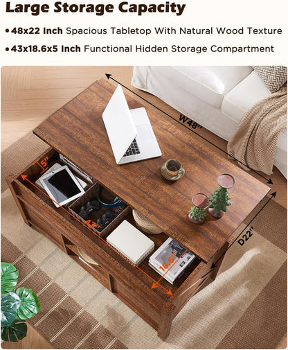 OKD 48" Farmhouse Lift Top Coffee Table with Sliding Barn Door,Rustic Center Table with Hidden