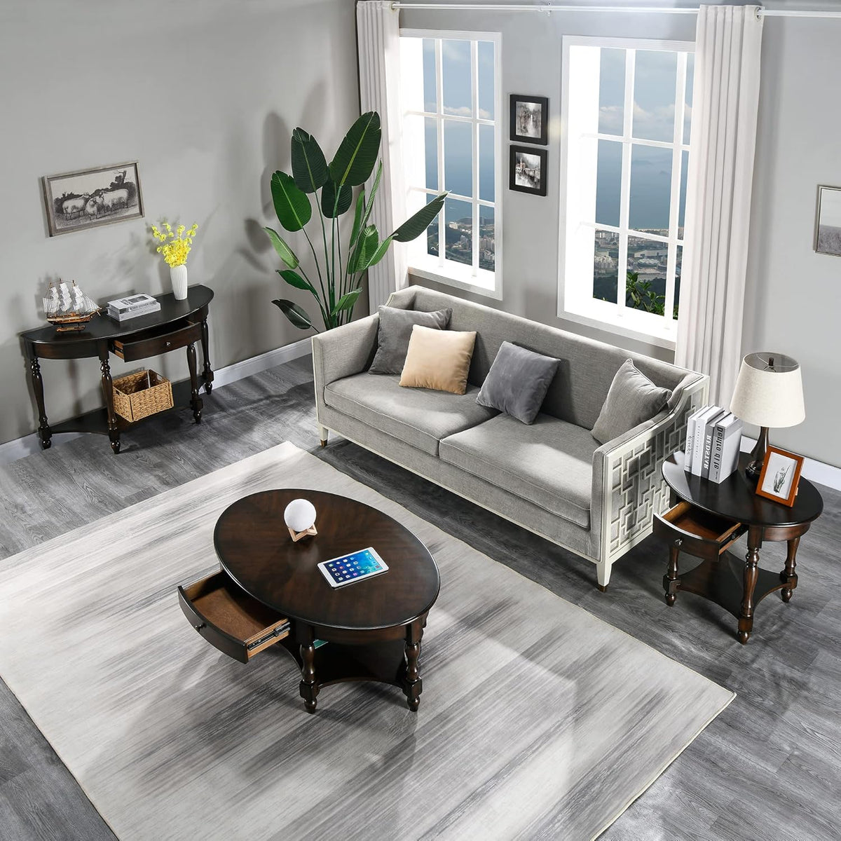 MODERION Oval End Table with Drawer, Solid Wood Sofa Side Table with Storage Shelf, Traditional