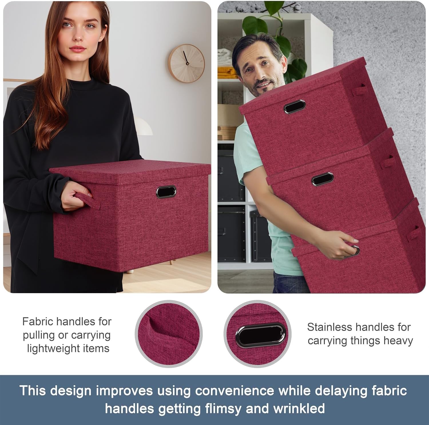 Large 17" 36 Quart Collapsible Stackable Storage Bins with Lids, 3 Packs Bright Red Linen Fabric
