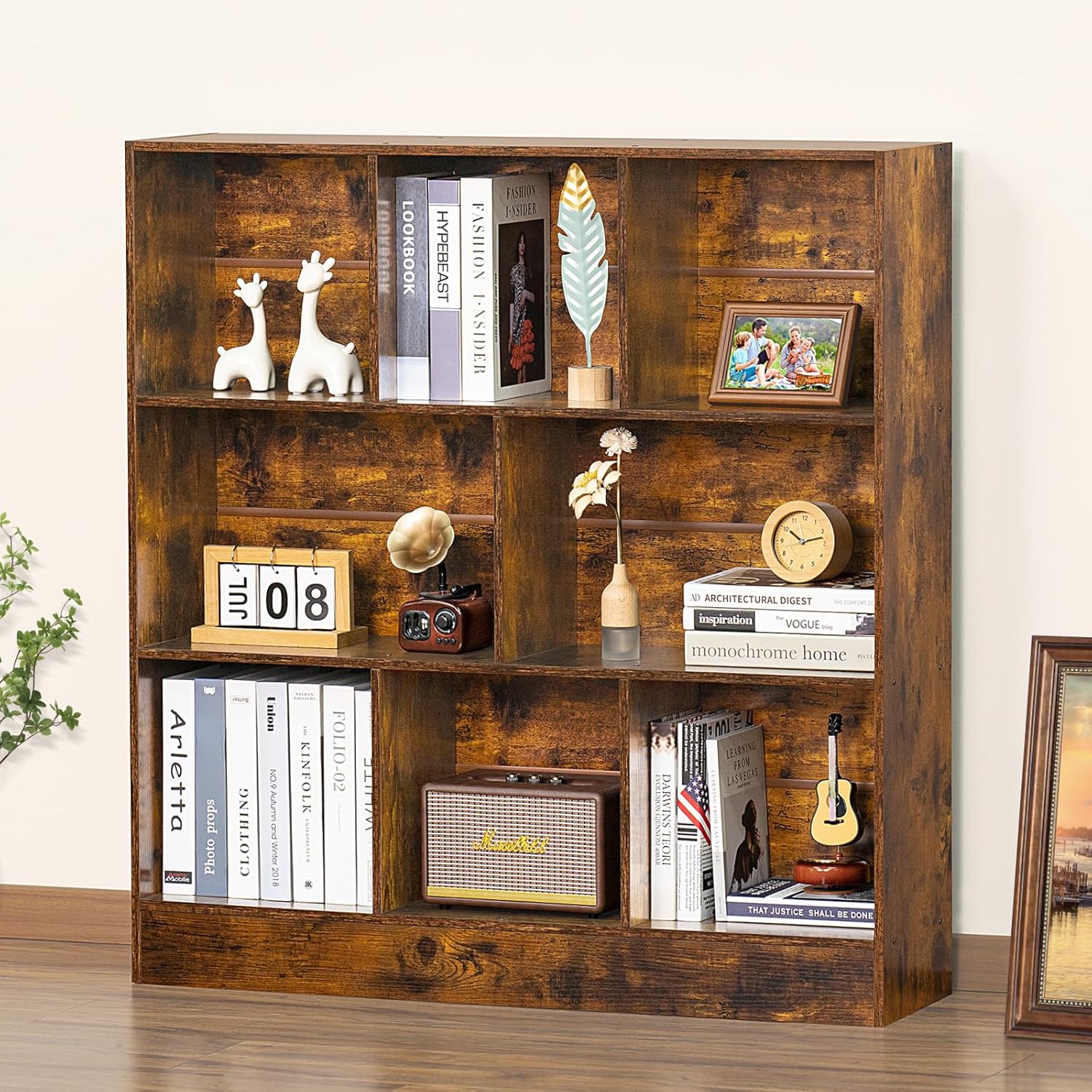 LEYAOYAO 8 Cube Bookshelf with Wood Base, Brown 3 Tier Mid-Century Modern Bookcase,Standing Wide