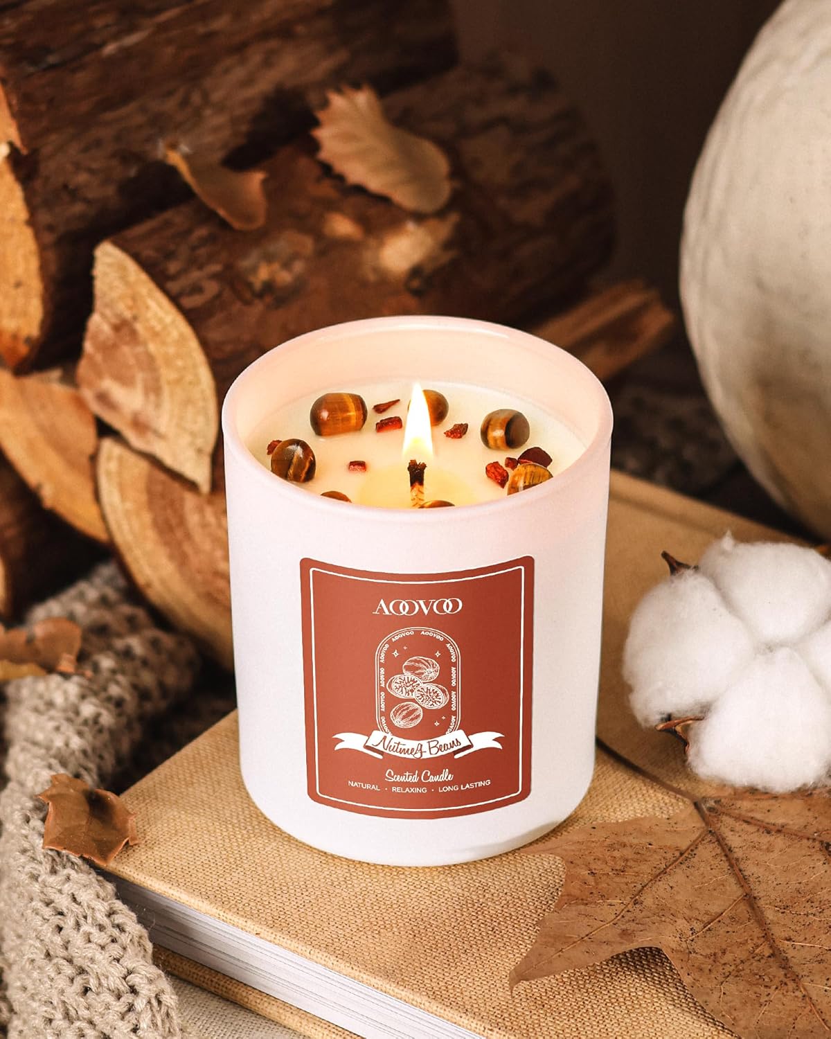 AOOVOO Nutmeg Beans Scented Candles for Women - Aromatherapy Candle with Crystals Inside, 10oz Soy