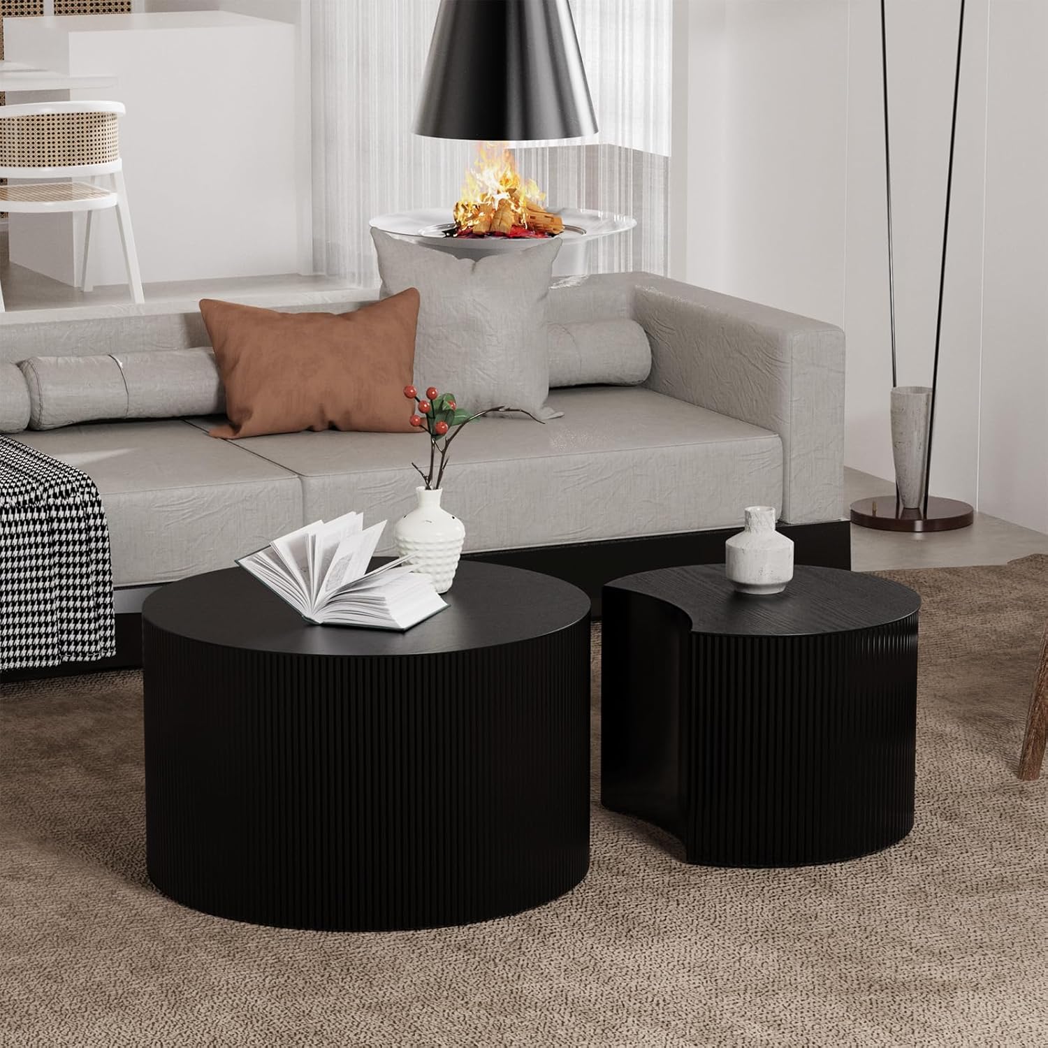 Round Nesting Coffee Table Set of 2 Handcraft Circle Fluted Nesting Coffee Tables Circular Side