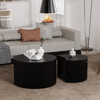 Round Nesting Coffee Table, Drum Wood Coffee Table Set of 2 Black, Modern Fluted Nesting Tables