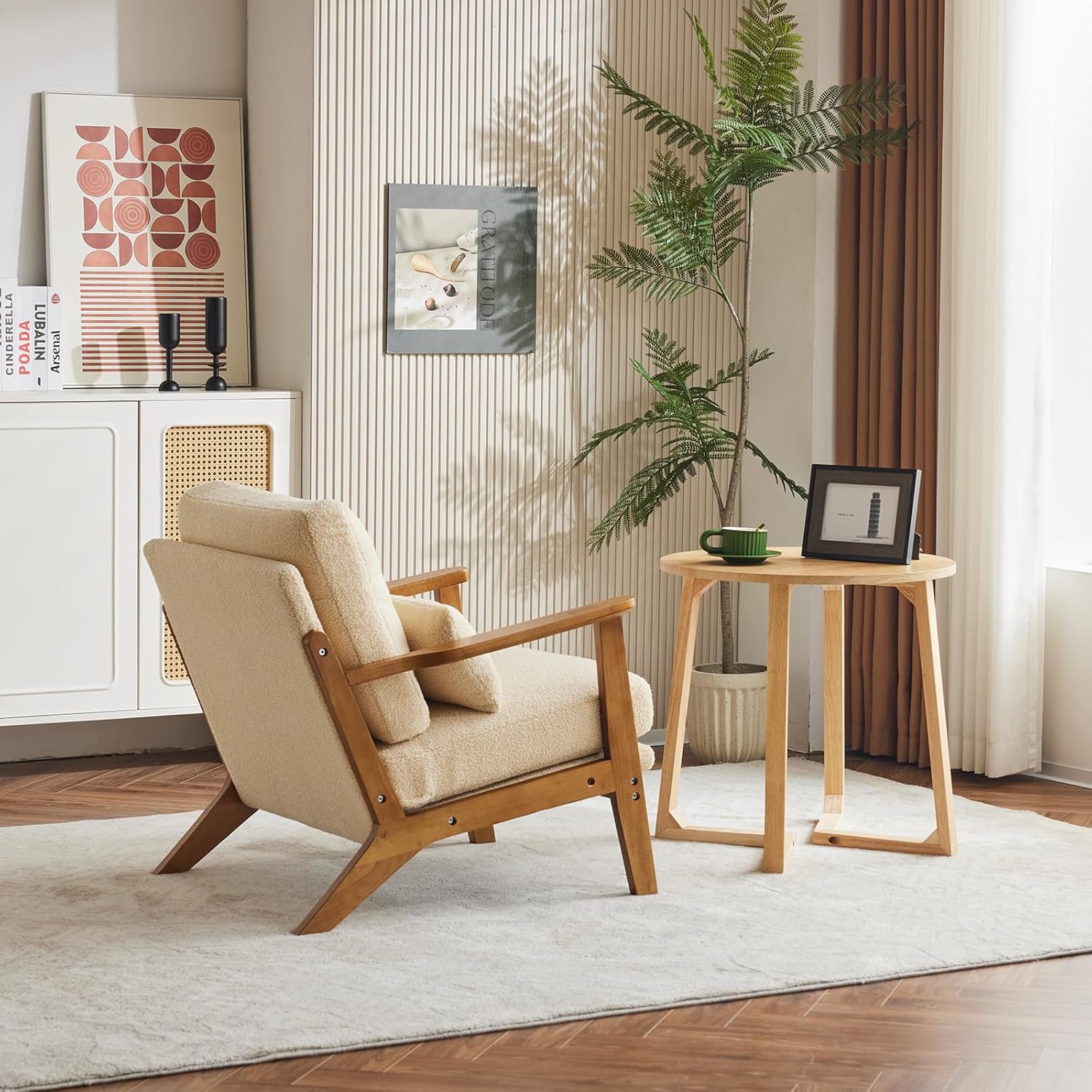 Karl home Accent Chair Wide Armrest Mid-Century Lounge Chair Teddy Fleece Armchair with Lumbar
