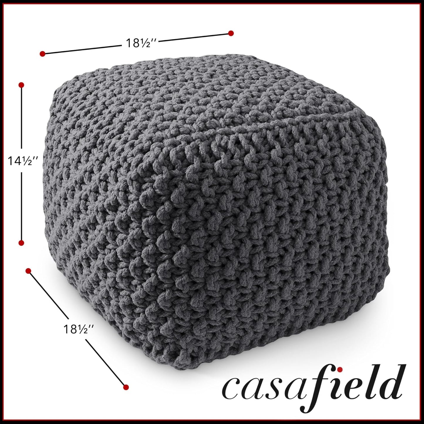 Casafield Square Pouf Ottoman, Dark Gray 18.5" W x 18.5" D x 14.5" H Cotton Knit Foot Stool - Boho