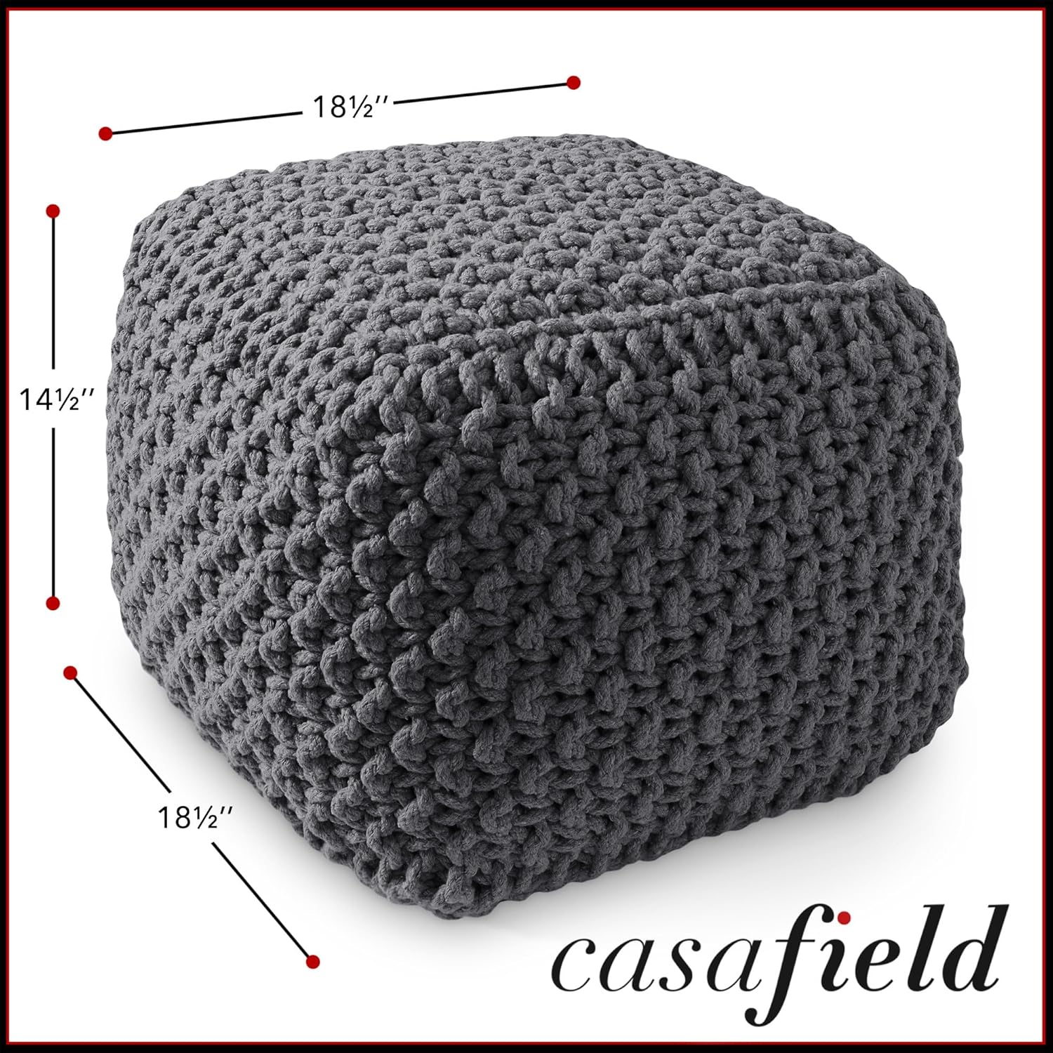 Casafield Square Pouf Ottoman, Dark Gray 18.5" W x 18.5" D x 14.5" H Cotton Knit Foot Stool - Boho