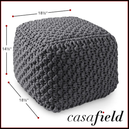 Casafield Square Pouf Ottoman, Dark Gray 18.5" W x 18.5" D x 14.5" H Cotton Knit Foot Stool - Boho