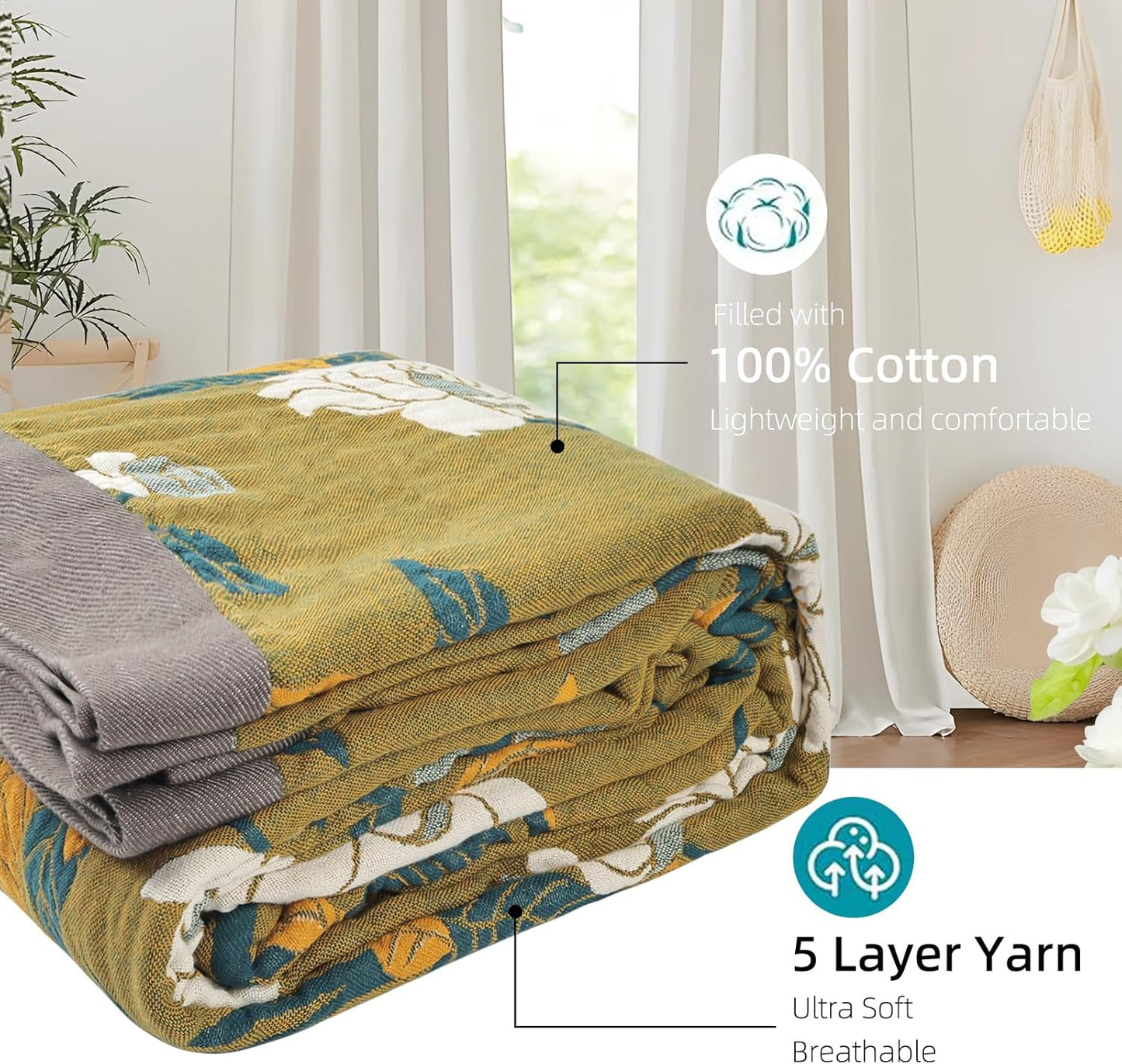 Boho Throw Blanket for Bed - 100% Pure Cotton Ultra Soft Rustic Quilt - Farmhouse Decor Bed