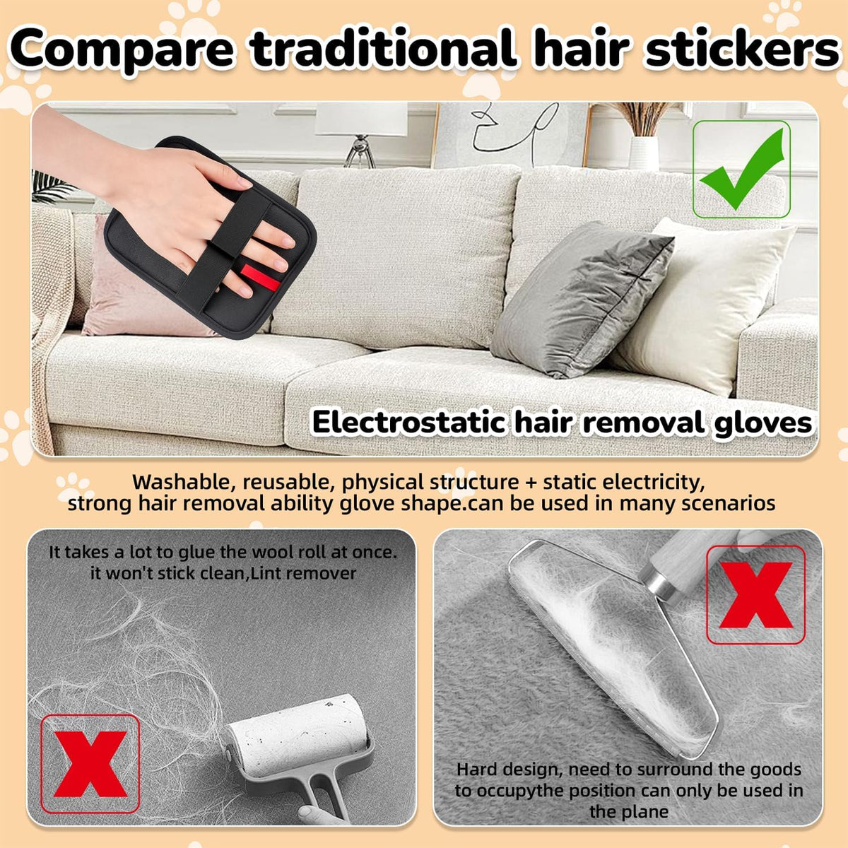 Pet Hair Remover, electrostatic pet Hair Removal Gloves, cat and Dog pet Hair Removal Tools