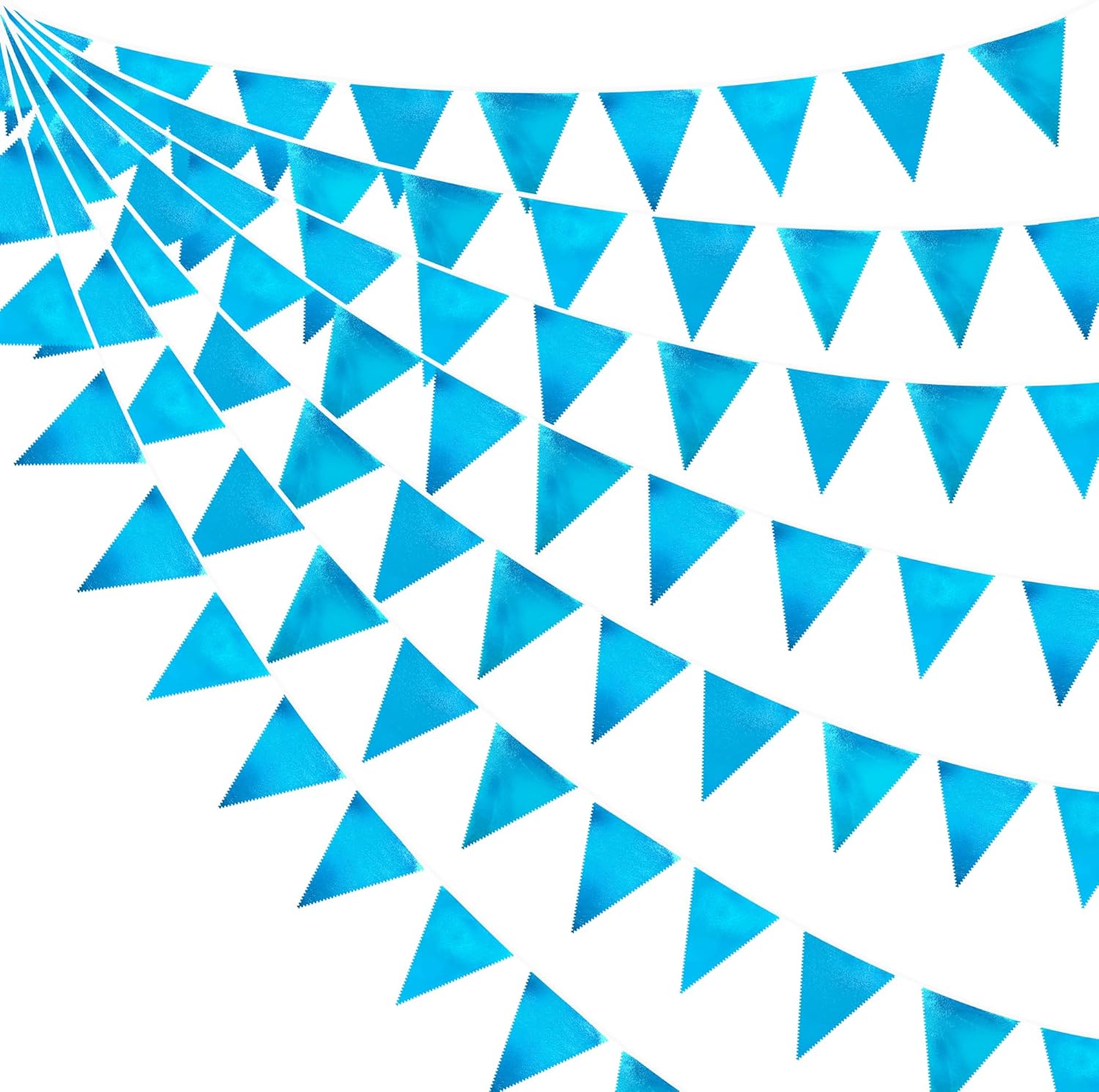 Sky Blue Party Decorations - Light Blue Triangle Pennant Banner Flag - Metallic Fabric Bunting for