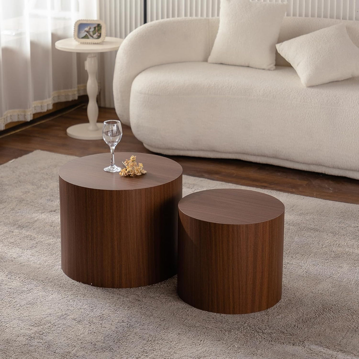 Nesting Round Coffee Table Set of 2, Small Circle Accent End Table for Small Spaces, Morden Drum