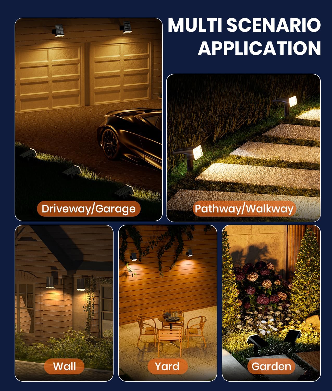 Solar Spotlights Outdoor Waterproof IP67,4 Pack Adjustable Wall&Ground Solar Lights Powered with 3
