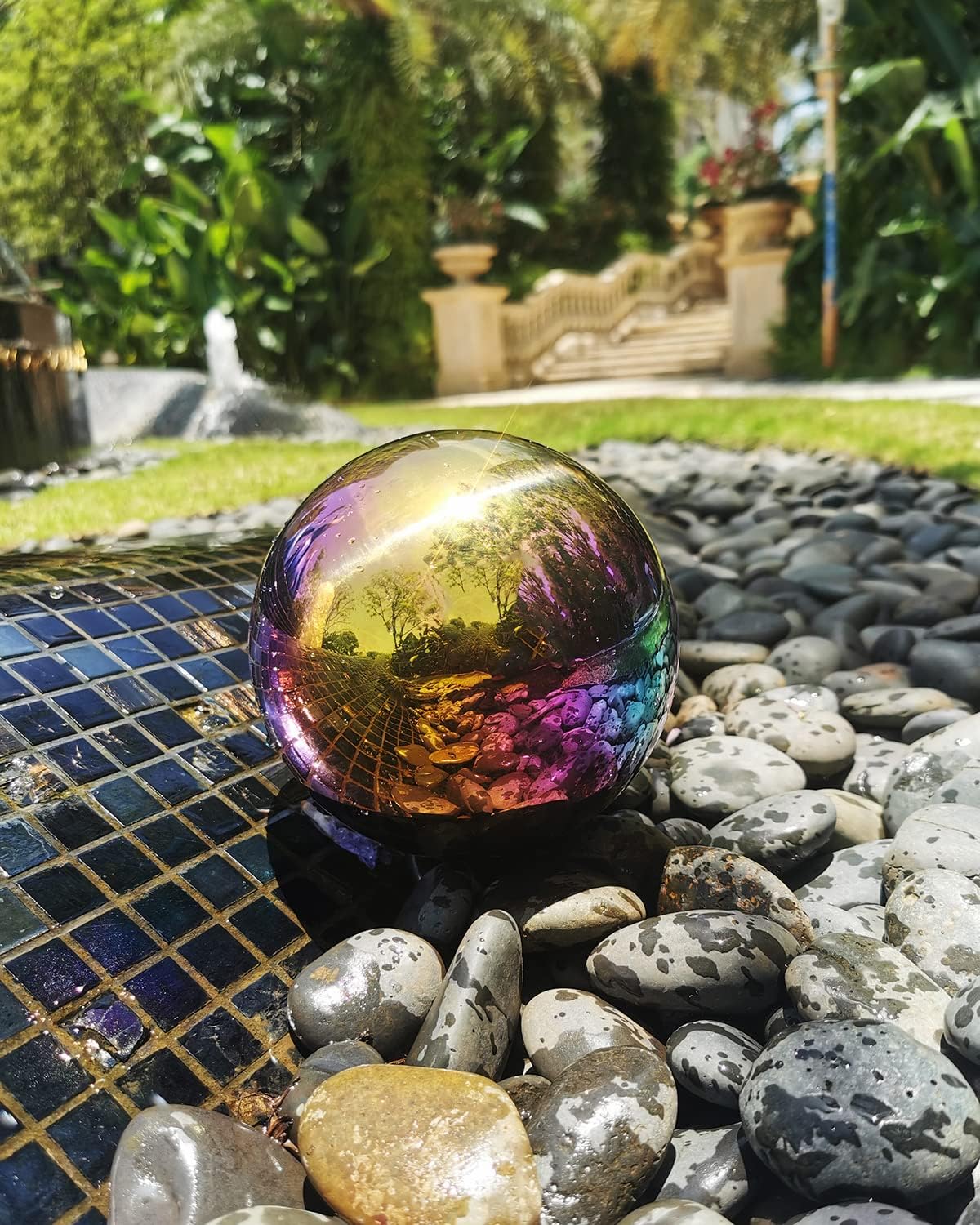 Rainbow Gazing Globe Mirror Ball in Stainless Steel, Shiny Hollow Sphere Sparkling Housewarming