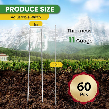 Landscape Staples 10 Inch 60 Pack, Garden Stakes Galvanized Garden Staples 11 Gauge, Plant Cover
