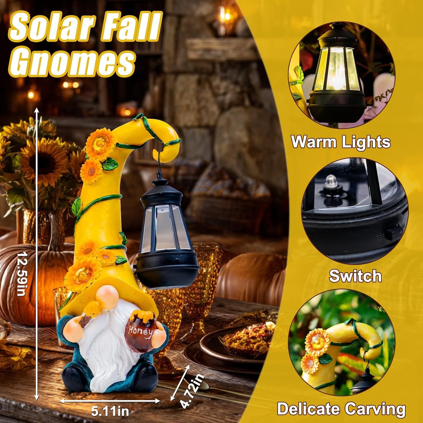 Fall Decorations for Home Porch 12" Solar Fall Gnome Sunflower Garden Statues Honey Bee Jar Decor