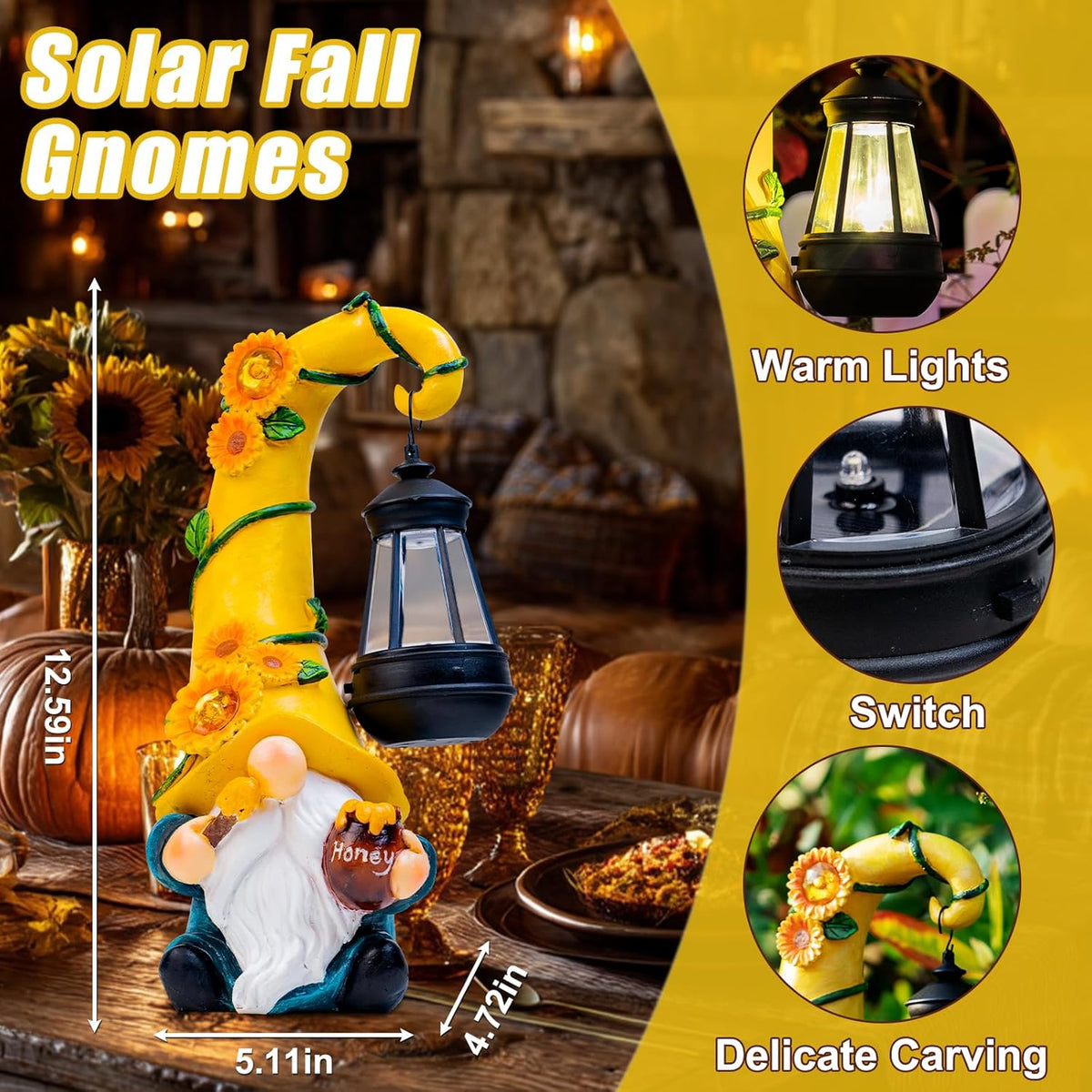 Fall Decorations for Home Porch 12" Solar Fall Gnome Sunflower Garden Statues Honey Bee Jar Decor