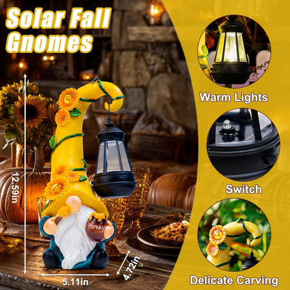 Fall Decorations for Home Porch 12" Solar Fall Gnome Sunflower Garden Statues Honey Bee Jar Decor